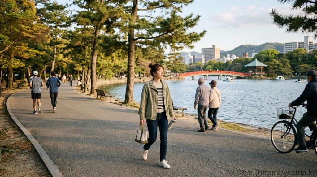 오호리 공원 산책 장면